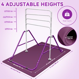 FINCOME Gymnastics Bar for Kids with Mat and Gymnastics Rings, Height Adjustable, Foldable Gymnastics Horizontal Bar with Mat, Gymnastics Equipment for Home Room Indoor Outdoor Gym Practics, Purple