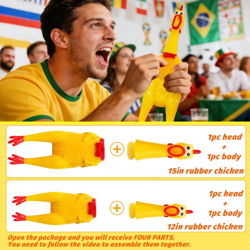 2Pcs Large Screaming Rubber Chickens,15 Inch 12 Inch Yellow Squawking