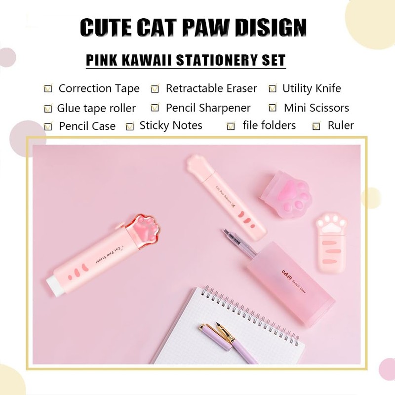 BITOSEE 9Pcs Cute School Supplies, Cute Stationery,Includs Pencil Sharpener,Eraser, Correction