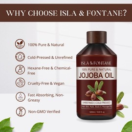 ISLA & FONTANE Jojoba Oil Set – 17 fl oz (500ml) | 100% Pure & Natural | Golden, Unrefined, Cold Pressed | 2 Dropper Bottles & Massager | Hexane-Free Carrier Oil for Skin, Hair, Face, Nails & Body