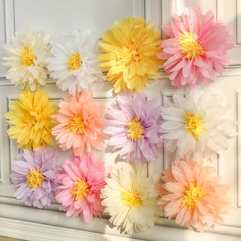 SUNBEAUTY Pack of 12 Paper Flowers Pompoms Decoration 35 cm Pastel Daisy Large Paper Flowers for Hanging Tissue Paper Pompoms Flower for Wedding, Baby Shower, Birthday Decoration Girls, Garden Party