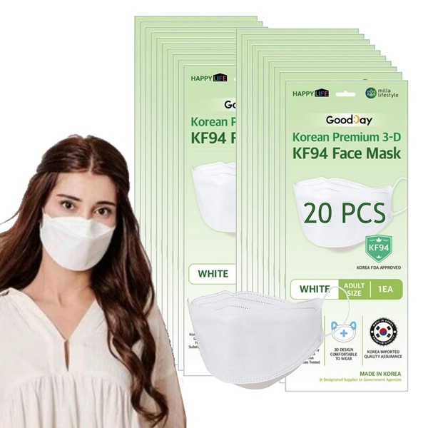 (Pack of 20) White Disposable KF-94 Face Mask, 4-Layer Filters, Made in Korea, Nose Mouth Covering Dust Mask (individual Packed)(White Color)