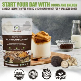 PROFINE Truffle PRO Original Arabica Instant Coffee 12 Mushroom Powder Super Blend With Black and White Truffle 5000 mg -USDA Organic -Brain Focus & Gut Health Support - No fillers
