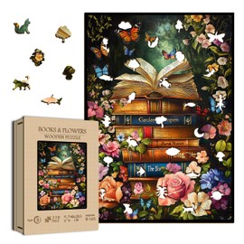 Book Wooden Puzzles for Adults, PICKFORU Vintage Flower Wood Jigsaw Puzzle Wildflower Pages， Plant Floral Puzzle with Unique Shape