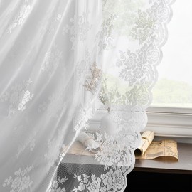 Kotile White Lace Curtains 96 Inches Long - Premium Country Floral Scalloped Lace Panel Curtains for Living Room, Antique White Floral Sheer Lace Curtains for Windows, 52 x 96 Inch, 2 Panels, White