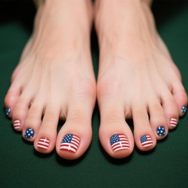 Independence Day Press on Toenails Short Square Fake Toe Nails America Flag False Toenails Full Cover Fourth of July Stripes Stars Stick on Toenails Artificial Toenails for Women Girls Manicure 24Pcs