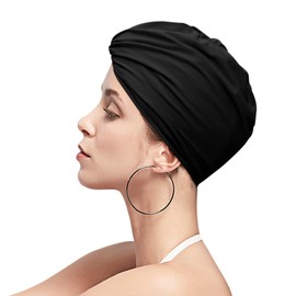 Swim Cap, Women's Swimming Hat, Compatible with Long or Short Hair, Loose, Stretchable, Turban Style, Wrinkled Knot, Lightweight, Swim Hat, Plain, Beanie, Swimming Cap, Women's, Fitness, Beach, Hot Springs, Pool, Black