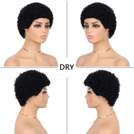 Short Afro Curly Human Hair Wig Women, Short Afro Curly Human Hair Wig for Woman Natural Brazilian Curly Hair with Fringe for Women Wig Black