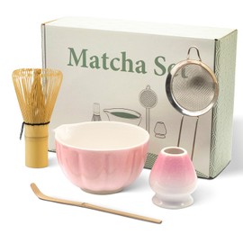Naporeinas Matcha Whisk Set, 5 Pack Complete Matcha Tea Kit with 15 OZ Ceramic Bowl with Spout, Bamboo Whisk, Holder, Scoop, Sifter, Gift for Matcha Lovers and Tea Ceremony (Pink)
