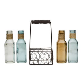 Elements Colored Glass Bottles in Metal Caddy, for Use with Faux or Dried Flowers, Multicolored