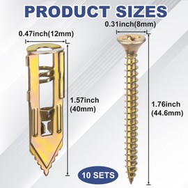 HINZIC 10 Sets Self-Drilling Anchor Screws, Zinc Plated Steel Drywall Anchors, Heavy Duty Metal Expansion Bolt, No Drill or Holes, for TV Shelf Straps Gypsum Boards Cabinets