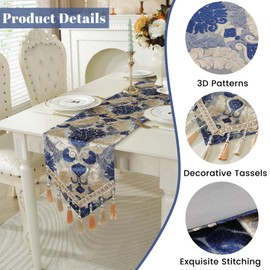 Embroider Table Runner, Luxury Jacquard Fabric Dining Table Runner with Tassels for Home Decoration Kitchen Party,11" x 48",Blue