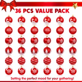 JOIEDOMI 36 Pcs Red Delicate Painting & Glittering Christmas Ball Ornaments Set, 2.3" Christmas Tree Hanging Decoration, Xmas Shatterproof Indoor Decoration for Tree Wreath Holidays Party Supplies
