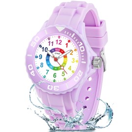 DTKID Children's Watch Boys Girls Children's Learning Wristwatch for Boys Girls Analogue Watch Rotating Bezel with Exercises, Easy to Learn Time with Soft Strap, Purple, Glam