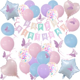 LBKKC Pastel Birthday Decorations, Rainbow Happy Birthday Banner for Girls, Glitter Hanging Streamers with Butterfly, Colorful Pastel Birthdays Banners with Balloons for Party Decoration