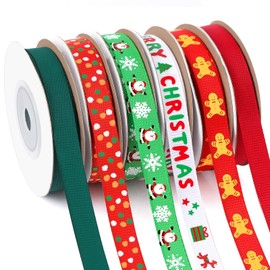 DECYOOL Christmas Ribbon, 6 Rolls 60 Yards Snowflakes Santa Claus Gingerbread Man Dots Ribbon for Christmas Crafts, 10mm Wide Christmas Grosgrain Ribbons for Gift Wrapping Christmas Party Home Decor