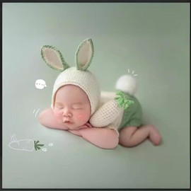 Newborn Baby Bunny Rabbit Crochet Knitted Photography Props Newborn Baby Outfits Diaper Costume (Green)