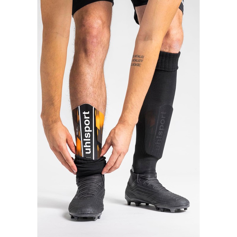 uhlsport Pro Lite Plus Unisex Youth Football Shin Guards, Black/Naranja
