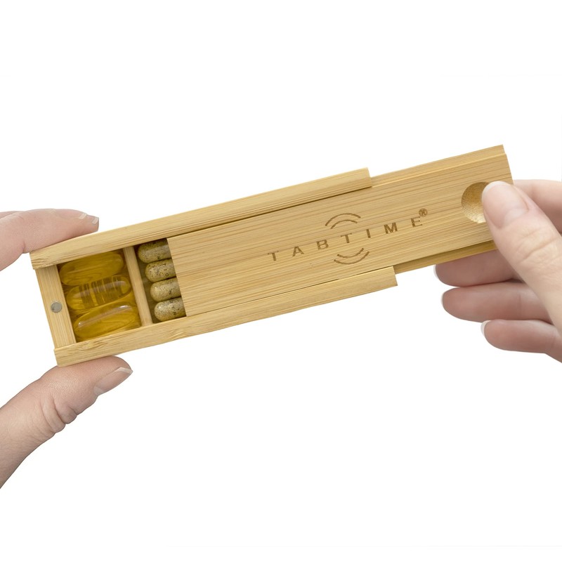 TabTime Bamboo Small Daily Pill Box, 4 Compartment Tablet Organiser,