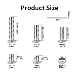 320 Pcs M5 Bolts Set, Hex Socket Button Head Cap Screws Bolts and Nuts Set, M5 Nuts and Bolts Set, Stainless Steel Round Head Hex Socket Head Cap Machine Screws, Pan Head Furniture Bike Bolts Set