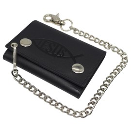 MARSHAL RFID Blocking Jesus Fish Men's Trifold Ichthys Biker Genuine Leather Steel Chain Wallet Snap closure (Jesus Fish Blind)