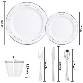 bUCLA 600pcs Silver Plastic Dinnerware Set for 100 Guests - Silver Christmas Dinnerware Set Disposable for Party - Include 100 Dinner Plates,100 Dessert Plates,100Cups,100 Knives,100 Forks,100 Spoons