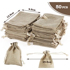 ilauke Pack of 50 Cotton Small Bags with Drawstring, Jute Bags 13.5 x 9.5 cm, Mini Lightweight Gift Bags, Natural Reusable Drawstring Bags, Jute Bags for Wedding Party, Birthday Party