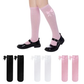 3 Packs Knee High Socks for Girl School (US, Age, 6 Years, 3, pink, white, black)