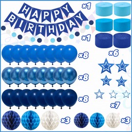 Birthday Navy Blue Party Decoration, Recosis Happy Birthday Banner Garland with Tissue Paper Pompoms and Balloons for Girls and Boys of All Ages