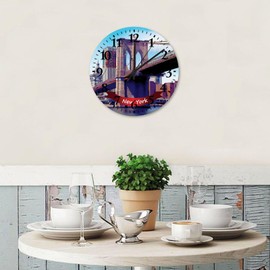 New York City Landscape Wooden Wall Clock 12" Silent Non-Ticking Large Numbers Battery Operated USA July 4th Independence Day Patriotic Wall Clock Decorative Home Decoration for Pool Bathroom Nursery