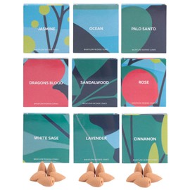 Backflow Incense Cones Variety Pack - Set of 9 Scents Waterfall Backflow Incense Rose, Lavender, Jasmine, Ocean, Cinnamon, Sandalwood, Dragons Blood, Palo Santo, White Sage