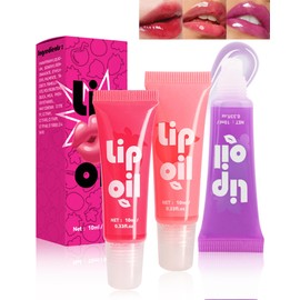Lip Oil Set, 3 Pcs Hydrating Nourishing Long Lasting High Shine Gloss Lip Oil,Moisturizing Plumping Lip Gloss, Non-Sticky Lip Balm Lip Care,Fruit Flavored Hose Lip Oil For Women With Dry Lips-01+02+03