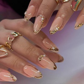 LunarCharm 24 Pieces Gold French Tip Press-on Nails, Nude Fake Nails, Medium Length, Artificial Nails with Pearl Rhinestone Design, Glossy Stick-on Nails, 3D Gold Stick-on Nails