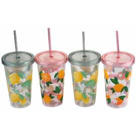 Gem Imports Plastic Transparent Drinking Tumbler Cups with Lid & Spiral Straw - Orange & Lemon - Set of 4