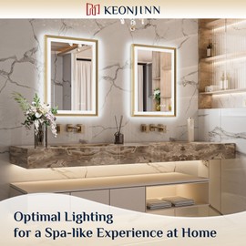 Keonjinn Gold LED Bathroom Mirror 20 x 28 Inch with Frontlit & Backlit, Lighted Mirrors Metal Framed for Wall, Stepless 3 Colors Lights, Anti Fog, Tempered Glass, Brighter and No Dark Corner