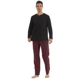 YUSHOW Pyjamas for Men Microfleece Sleepwear Ultra Soft Henley T-shirt Top & Flannel Checked Pjs Bottoms with Pockets Christmas Pajamas Loungewear for Winter