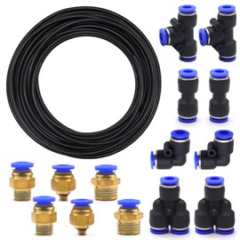 KtbeYTi 10 m PU Pneumatic Hose Outer 6 mm x Inner 4 mm Black Air Hose Pneumatic Polyurethane with 14 Pneumatic Connectors Air Push Quick Couplings (Y/T/L/I Shaped)