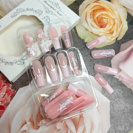 24Pcs French Tip Press on Nails Valentine's Day Fake Nails Extra Long Press on Acrylic Nails 3D Pearl Bow Charms Design Rhinestone False Nails Silver Glitter Square Glue on Nails for Women Girls