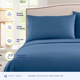 Queen Size Bed Sheets - Breathable Luxury Sheets with Full Elastic & Secure Corner Straps Built In - 1800 Supreme Collection Extra Soft Deep Pocket Bedding Set, Sheet Set, Queen, Denim