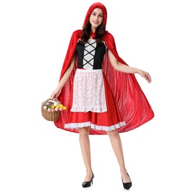 maxToonrain Little Red Riding Hood Costume Adult Plus Size Velvet Cape Floral Fairytale World Book Day Fancy Dress for Women