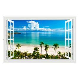 Kiddale Fake Windows Wall Sticker, Removable 3D Beach Seascape Faux Windows Wall Decals for Bedroom Living Room Decoration,27.5"x18"