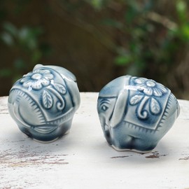 NOVICA Handmade Celadon Ceramic Mini Figurines Elephant Blue Thailand Sculpture Traditional 'Thai Elephants'(Pair)