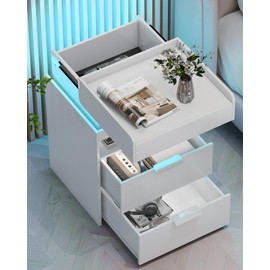 Baoz Nightstand with Gun Drawer, Charging Night Stand with USB and AC Ports, LED Nightstand, Nightstands with Gun Drawer, Smart Night Stand with Sliding Top Storage,White