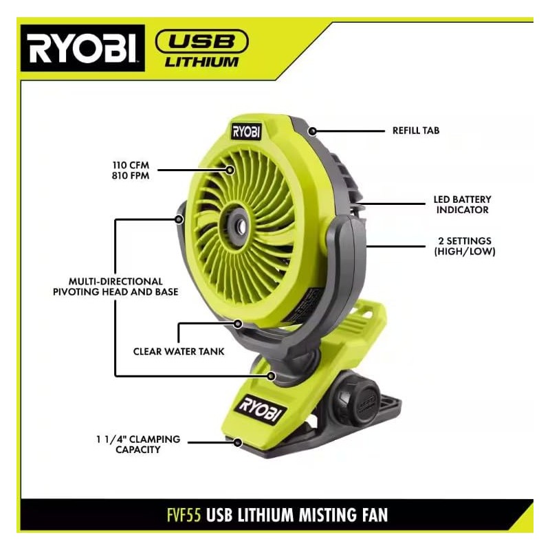 RYOBI USB Lithium Cordless Misting Clamp Fan Kit with USB