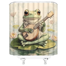 YSSFAV Funny Frog Shower Curtain Frog Playing Banjo Cartoon Cute Animal Bathroom Decor Curtains Set with Hooks, 70" W x 70" H