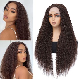 Alileona Long Curly Wavy Wig for Women 13x4x1 TPart Lace Wig Pre Plucked Wear and Go Glueless Wigs Brown Synthetic Heat Resistant Wigs Daily Parties Use(30INCH 6#)