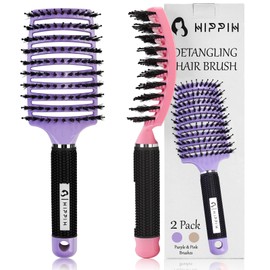 Boar Bristle Hair Brush Set of 2, HIPPIH Wet & Dry Hair Brushes Made by Fine Natural Boar Hair Can Adds Shine and Smoothing, Detangling Hairbrush for Women, Men & Kids' Long Curly Thick Hair
