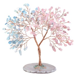 mookaitedecor Rose Quartz & Aquamarine Crystal Tree of Life Healing Crystal Money Tree with Agate Slice Base, Pink Blue Crystal Tree Good Luck Crystal Gift for Women Feng Shui Ornament Wedding Gift