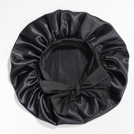 Silk Bonnet for Sleeping, Satin Hair Bonnet, Adjustable Soft Hair Wrap Hair Nets with Tie Band, for Women and Girls Curly Hair, Black