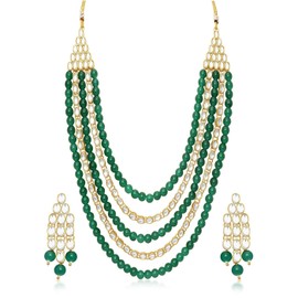 Aheli Kundan Pearl - Juego de collar y pendientes largos de varias capas, joyería de boda india para mujer (verde)